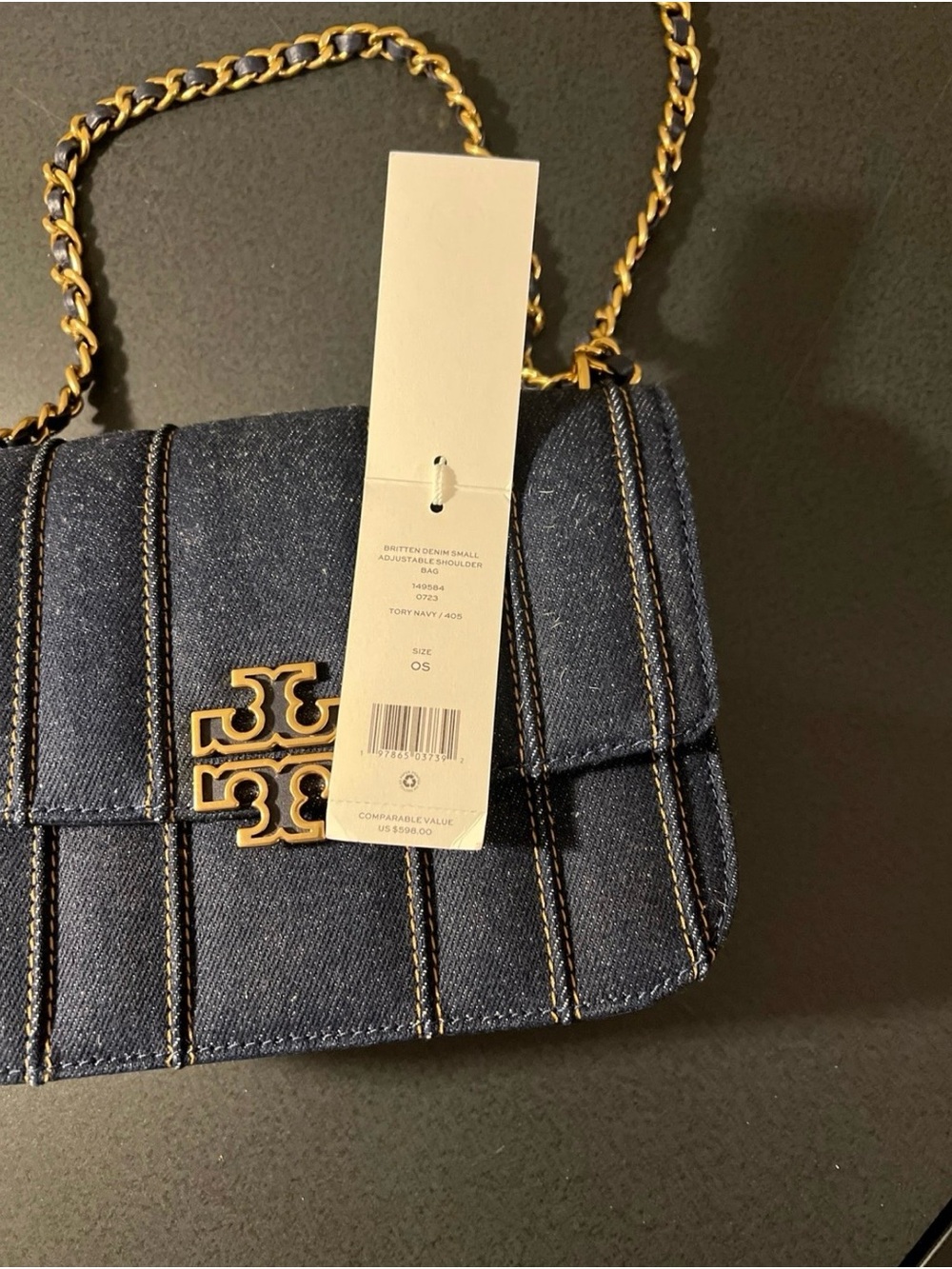 Tory Burch Dark Blue Quilted Denim Crossbody with Gold Chain - Picture 2 of 6